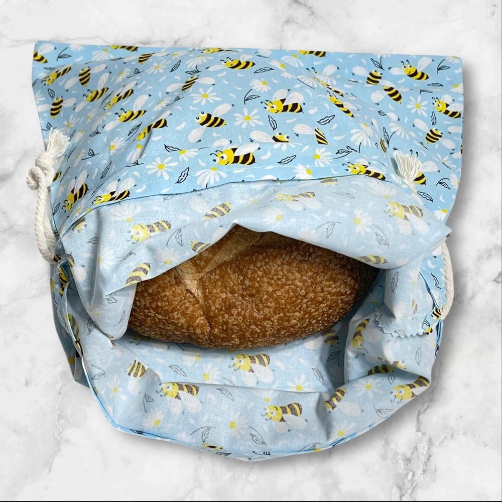 Blue Bumblebee Bread Bag, Handmade Cotton Reusable Bread Bag, Zero-Waste